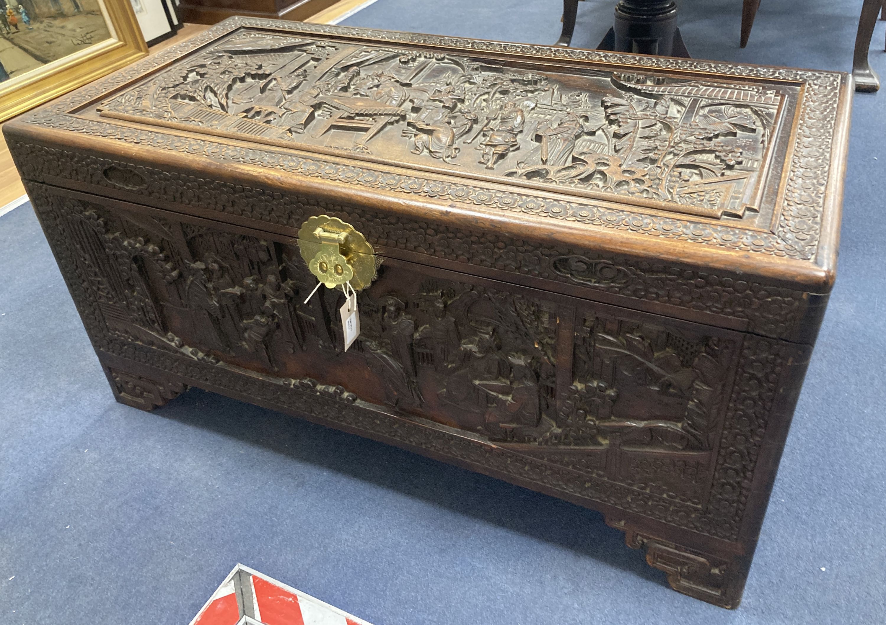 A carved camphorwood blanket box, length 101cm, depth 50cm, height 50cm